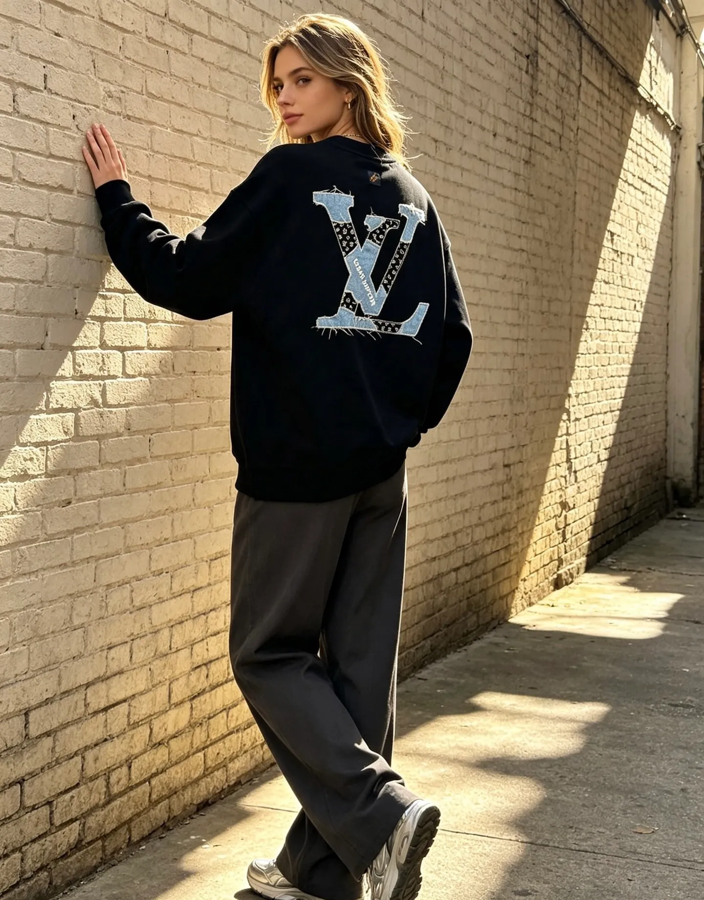 Louis Vuitton/Louis Vuitton denim patch letter embroidered crew neck sweatshirt